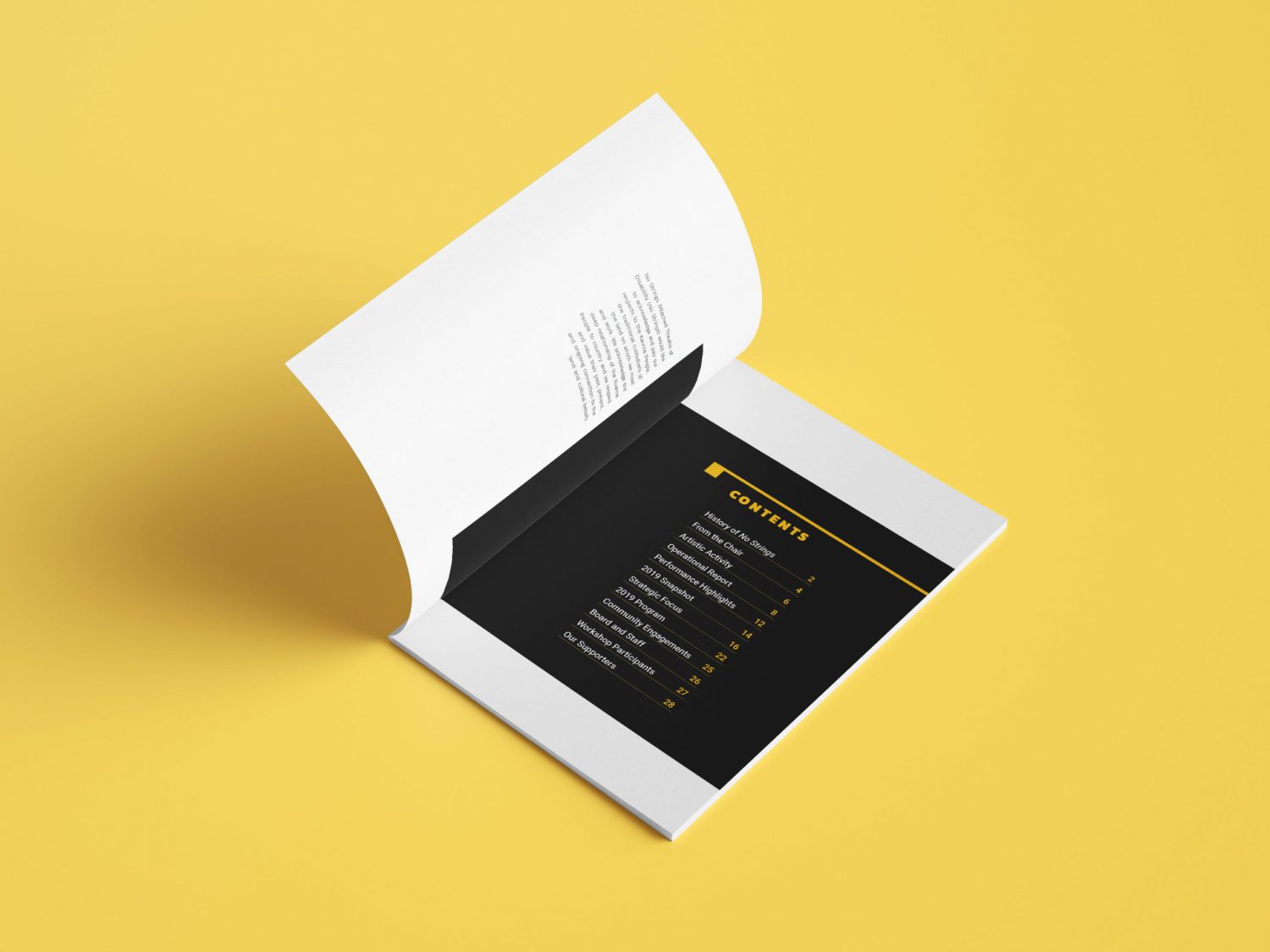 Annual report booklet laying flat with the contents page showing, on a yellow background.