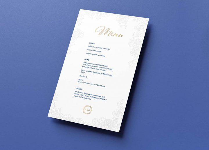 Wedding menu on a blue backfground