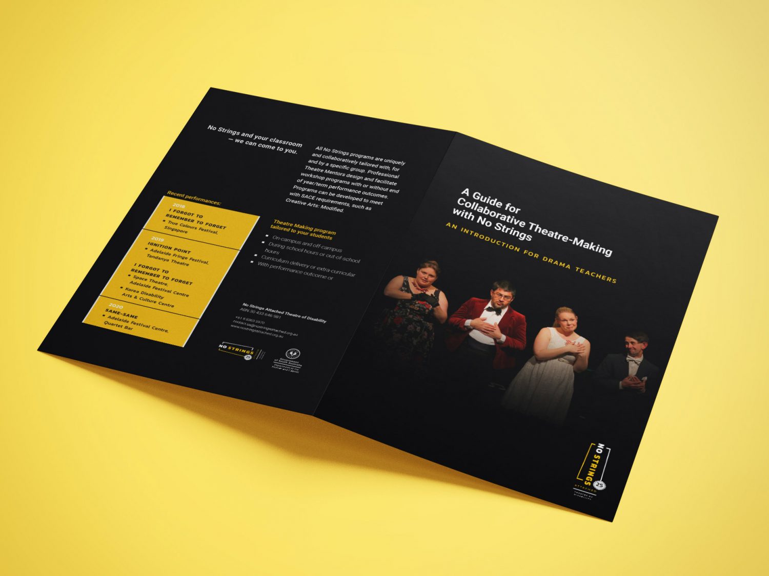 Drama teachers brochure laying flat with the cover page showing, on a yellow background.